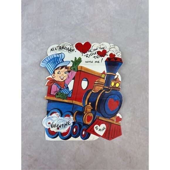 Vintage Valentine’s Day Card Train Engineer Locomotive Ephemera - Picture 1 of 6